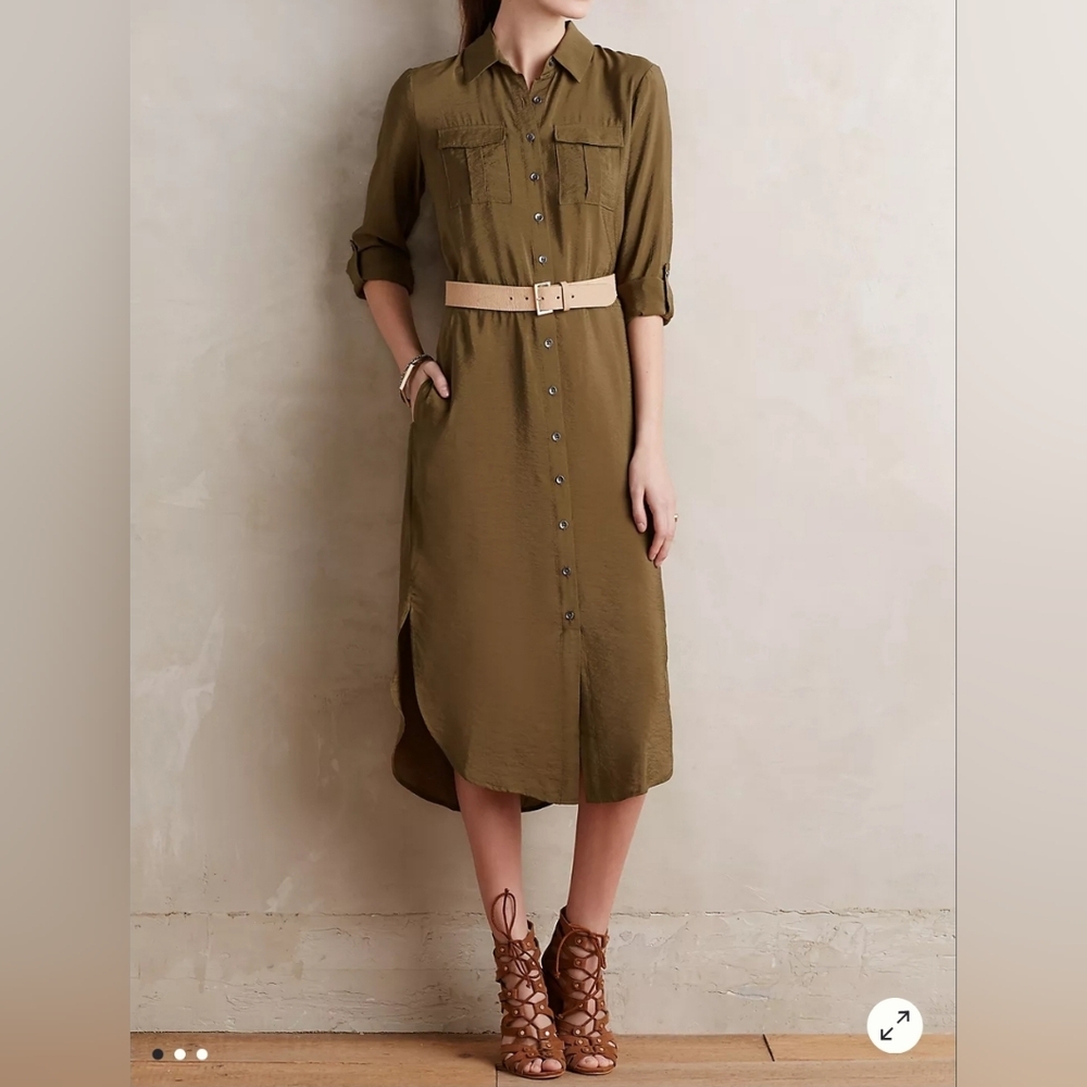 Anthropolie Mauve Drawstring Midi Shirtdress Oluve Green Sz 00